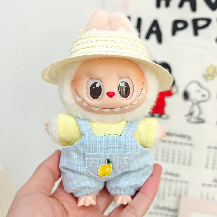 15cm/17cm Labubu Doll Clothing Sitting Party First And Second Generation Summer Straw Hat Short Sleeve Pants Set Accessories