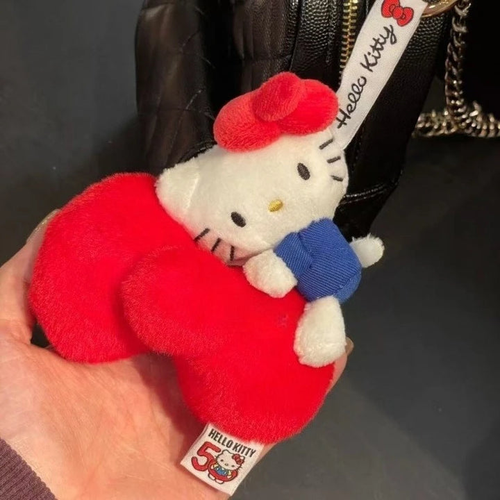 Kawaii Sanrio 50th Anniversary Plush Keychain Red Bow Cartoon Hello Kitty Pendant Keyring bowknot Backpack Decoration girl Gift