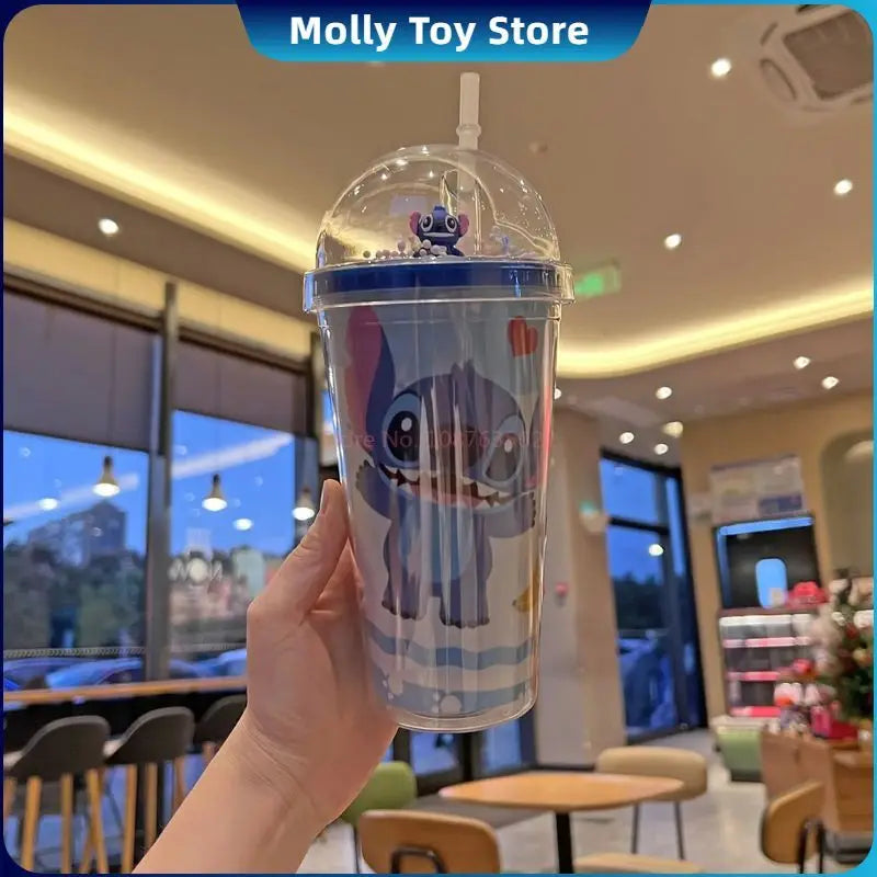 450ML Disney Lilo & Stitch Angel Couple Cartoon Double Layer Plastic Water Cup Drink Straw Mugs Portable Gift for Boy Girl Gift