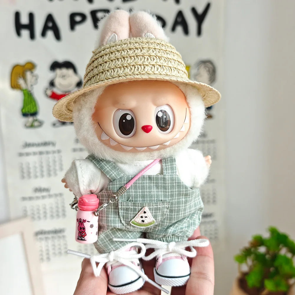 15cm/17cm Labubu Doll Clothing Sitting Party First And Second Generation Summer Straw Hat Short Sleeve Pants Set Accessories