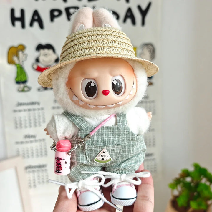 15cm/17cm Labubu Doll Clothing Sitting Party First And Second Generation Summer Straw Hat Short Sleeve Pants Set Accessories