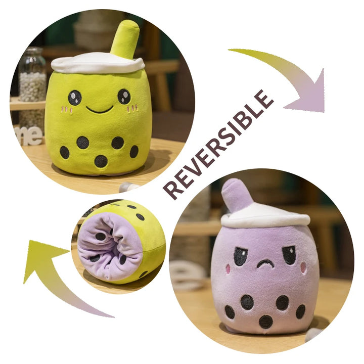 Kawaii Reversible Boba Plush Toys Two Face Double-Sided Bubble Milk Tea Soft Doll Birthday Christmas Gifts for Kids