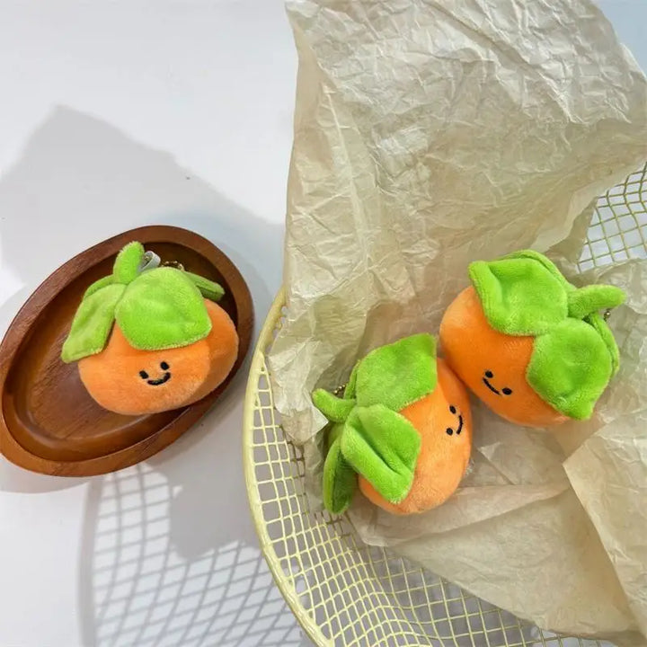 Sweet Mini Four-leaf Persimmon Plush Keychain, Stuffed Fruit Doll Pendant, Backpack Accessory, Bag Charm, Girl's Gift Ragdoll