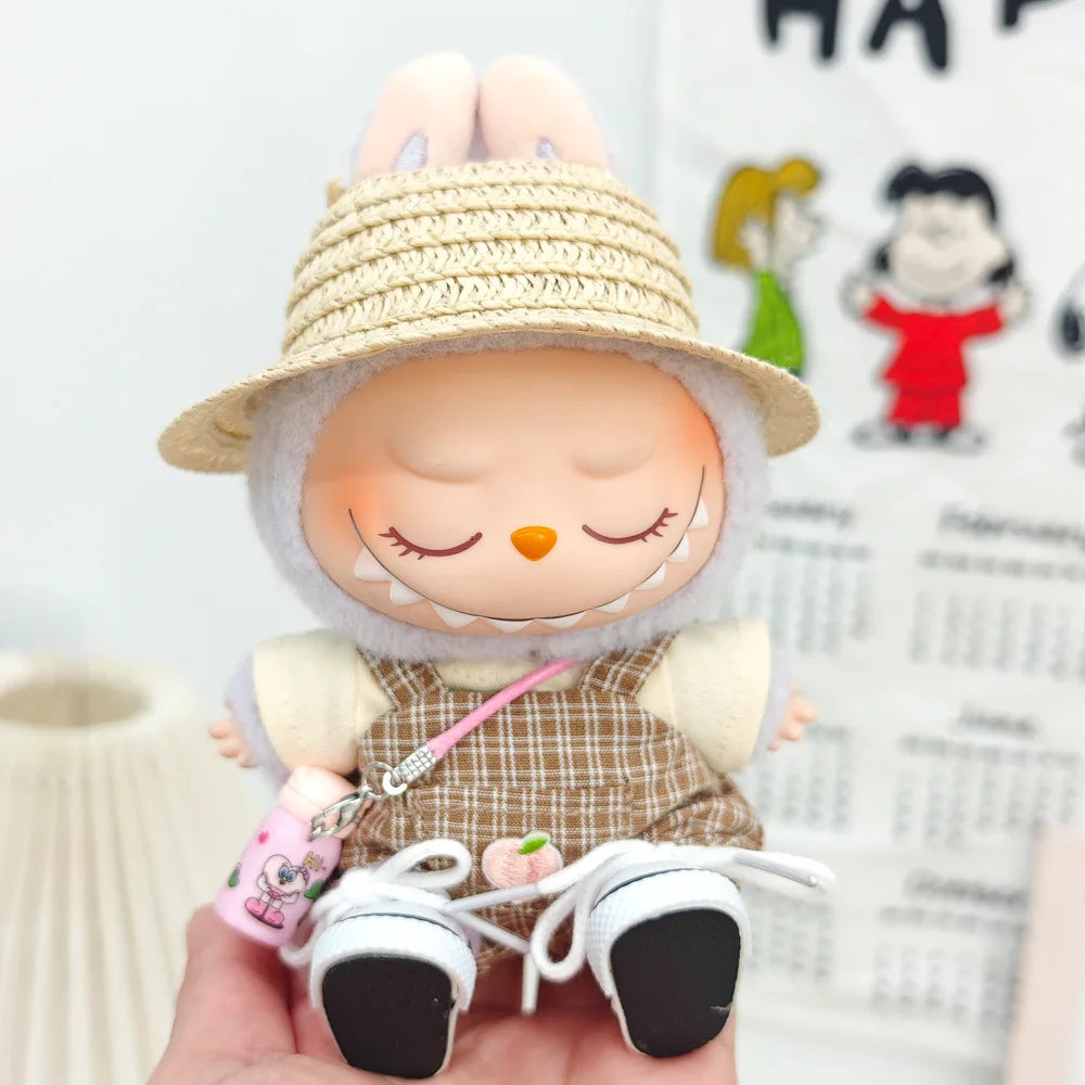 15cm/17cm Labubu Doll Clothing Sitting Party First And Second Generation Summer Straw Hat Short Sleeve Pants Set Accessories