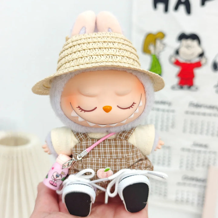 15cm/17cm Labubu Doll Clothing Sitting Party First And Second Generation Summer Straw Hat Short Sleeve Pants Set Accessories
