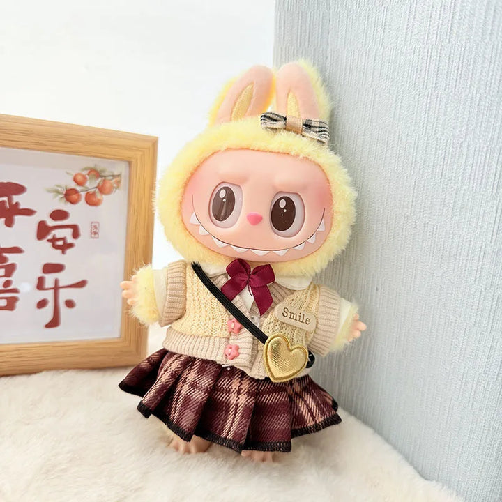 17cm Labubu Idol Doll Plush Doll Checkered Black Yarn Maid Dress JK Skirt Clothing Accessories Korean Kpop Exo Girl Gift