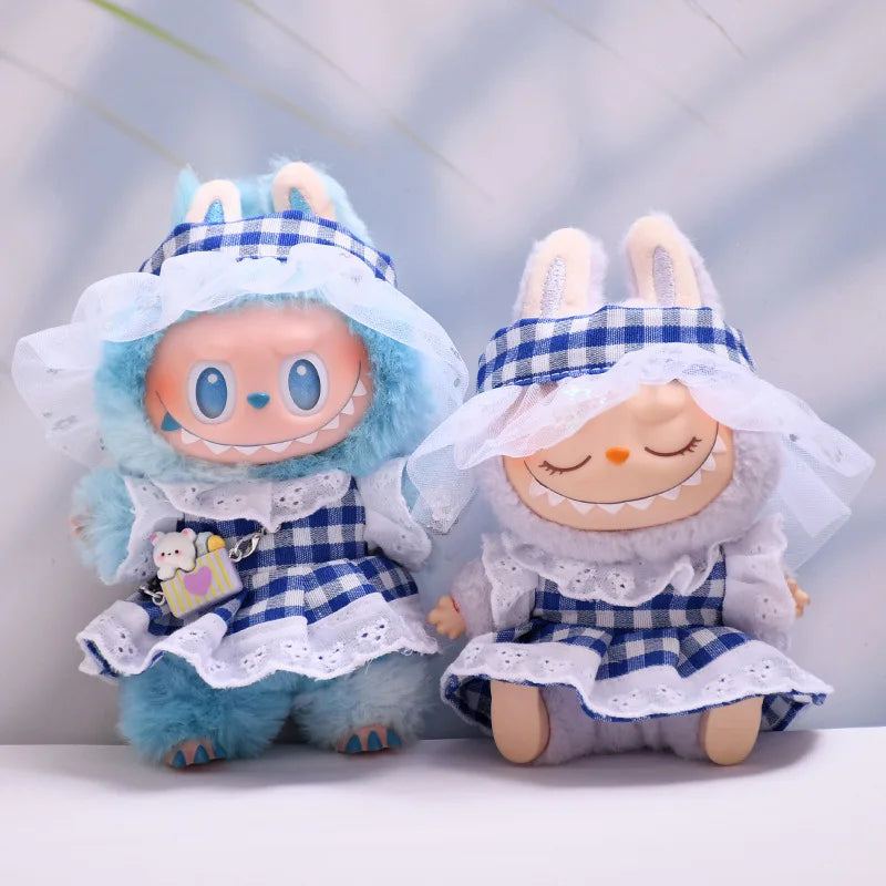 Blue Plaid Dress & Hair Bow Set 15/17cm Plush Doll'S Clothes Labubu I II Idol Dolls Sitting Party Accessories Kids Gift