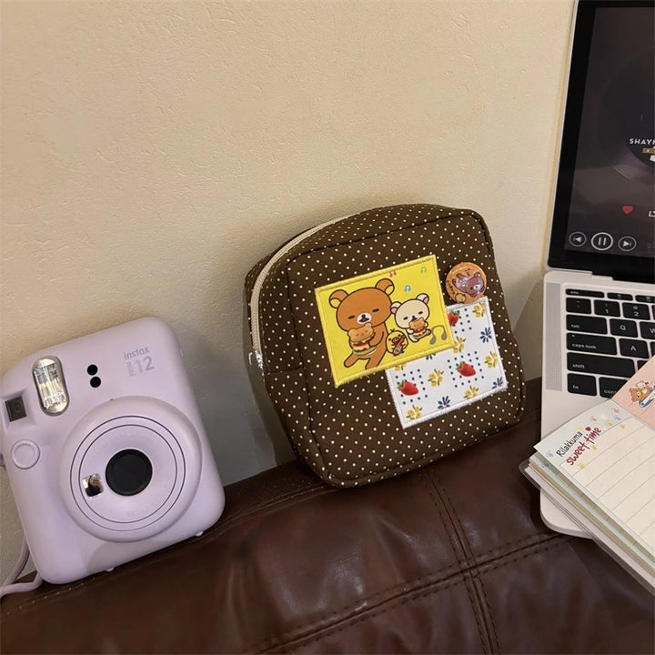 Kawaii Cute Bear Rilakkumas Cosmetic Bag Cartoon Cute Large-Capacity Portable Polaroid Storage Bag  Travel Bag Storage Artifact