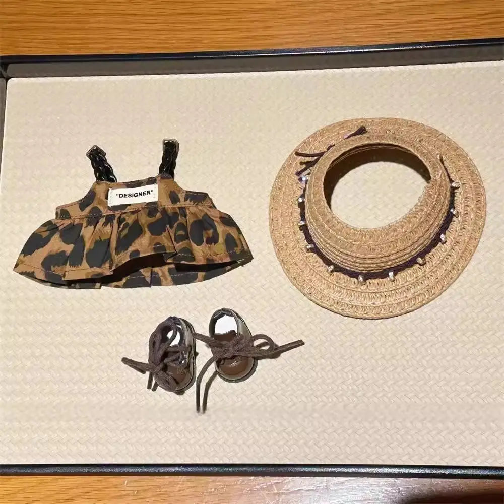 Labubu Doll Clothes Leopard Print Skirt Hat Shoes 15/17cm Plush Doll'S Clothes Labubu I II Idol Dolls Sitting Party Accessories