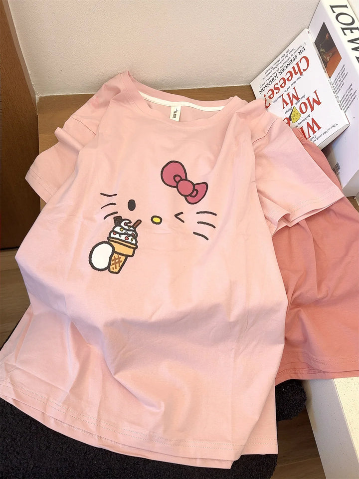 Kawaii Hello Kitty Pajamas Summer Pure Cotton Cardigan Short Sleeve Shorts Suit Cartoon Cute Home Clothes Gift