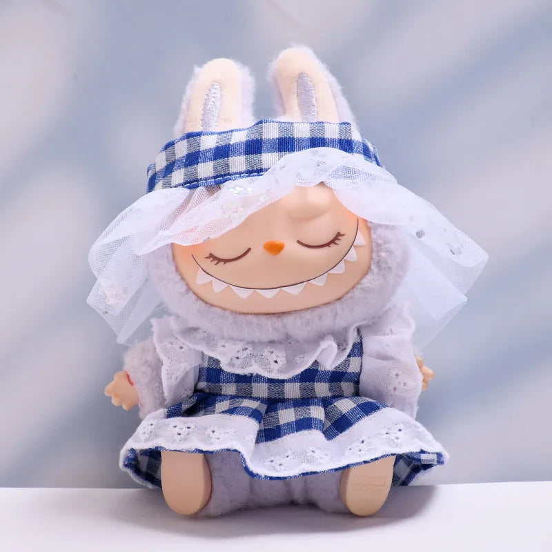 Blue Plaid Dress & Hair Bow Set 15/17cm Plush Doll'S Clothes Labubu I II Idol Dolls Sitting Party Accessories Kids Gift