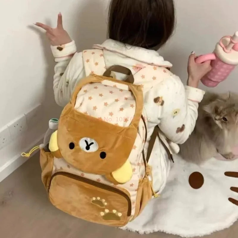 Kawaii Cute Bear Rilakkumas Plush Backpack Large Capacity Anime Backpack Stylish Student School Bag Shoulder Bags Schoolbag