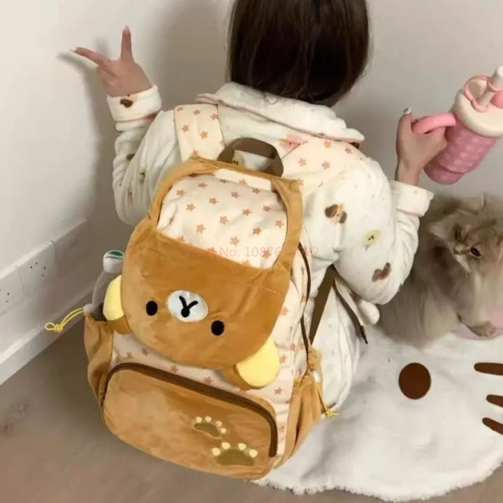 Kawaii Cute Bear Rilakkumas Plush Backpack Large Capacity Anime Backpack Stylish Student School Bag Shoulder Bags Schoolbag