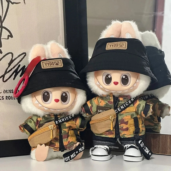 15/17cm Labubu Clothes Trendy Fisherman Hat Camouflage Suit Kawaii Mini V1 V2 V3 Labubu Clothing Plush Doll Accessories Gift