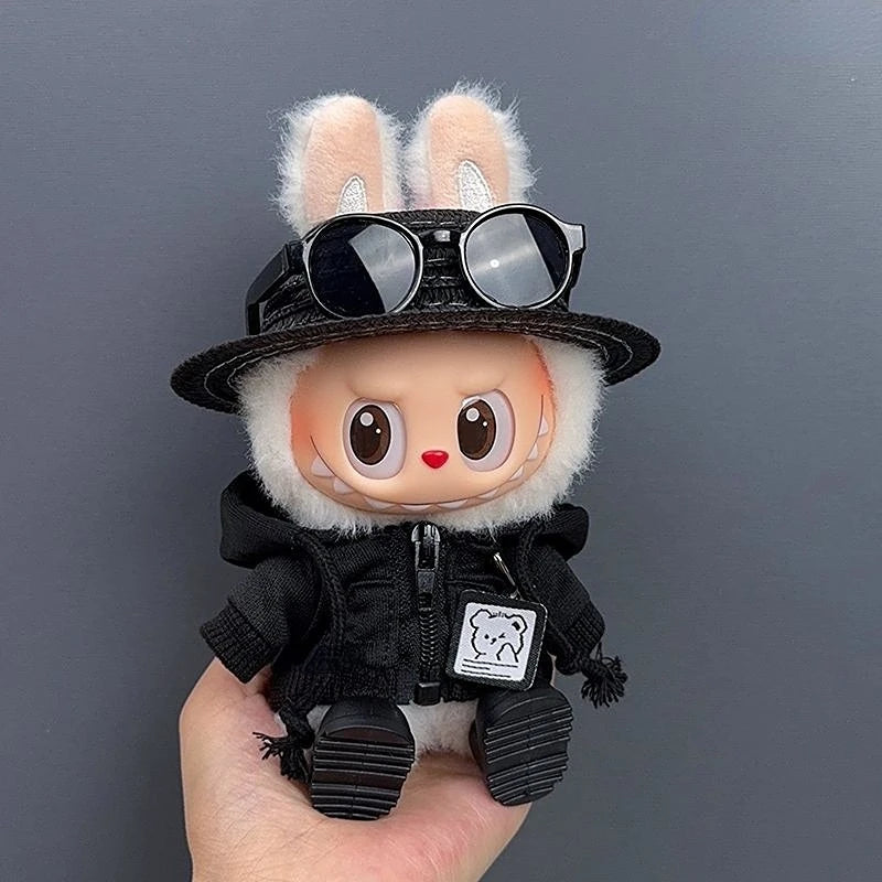 17cm Labubu Doll Clothes 1st/2nd/3rd Gen Fit Mr. Black Bear Hoodie Set with Hat & Sunglasses Plush Toy Outfits Halloween Decor