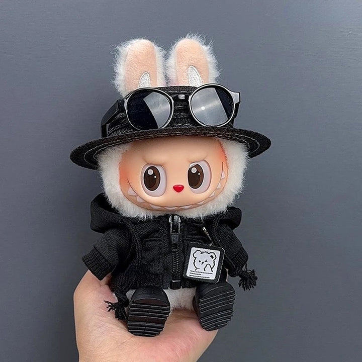 17cm Labubu Doll Clothes 1st/2nd/3rd Gen Fit Mr. Black Bear Hoodie Set with Hat & Sunglasses Plush Toy Outfits Halloween Decor
