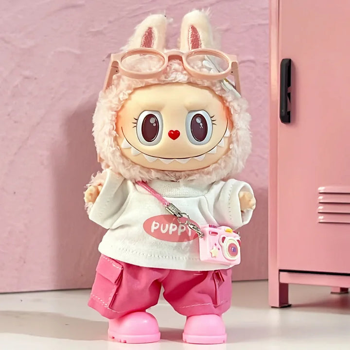 Labubu Clothes 1-3 Gen Vinyl Doll Sitting Party Outfits PU T-Shirt Cargo Pants Glasses Crossbody Bag Dopamine Fashion Set