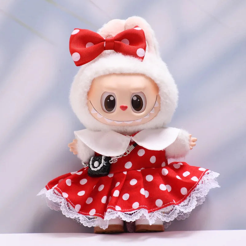 Labubu Doll Clothes Polka Dot Dress15/17cm Plush Doll'S Clothes Labubu I II Idol Dolls Sitting Party Accessories