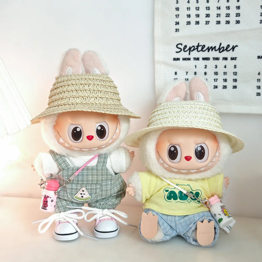 15cm/17cm Labubu Doll Clothing Sitting Party First And Second Generation Summer Straw Hat Short Sleeve Pants Set Accessories