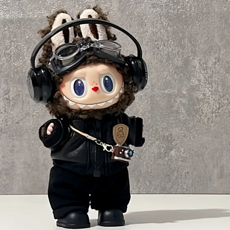 Clothes For Labubu Dolls 15/17Cm For LABUBU Sitting Party 1St 2Nd 3Rd Gen Black Leather Jacket Set Apparel Accessories