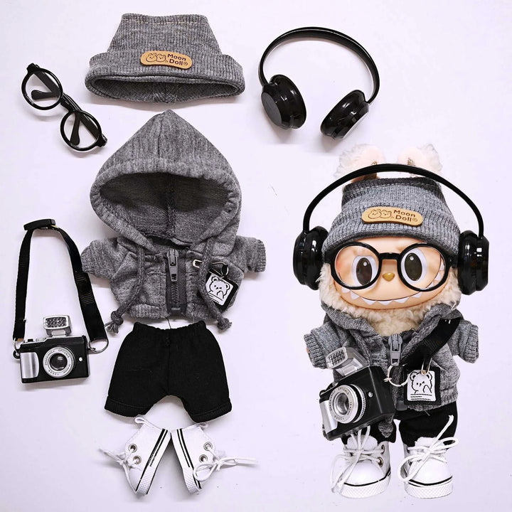 15cm/17cm Labubu Universal Hoodie Set Gray Trendy Outfit with Camera Glasses Headphones & Canvas Shoes Series 1-3 Compatible