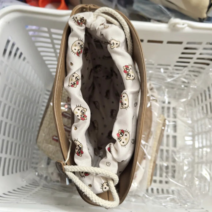 Genuine Hello Kitty Retro Series Woven Handbag Cosmetic Bag Storage Bag Cartoon Cute Large Capacity Messenger Bag Girls Gifts