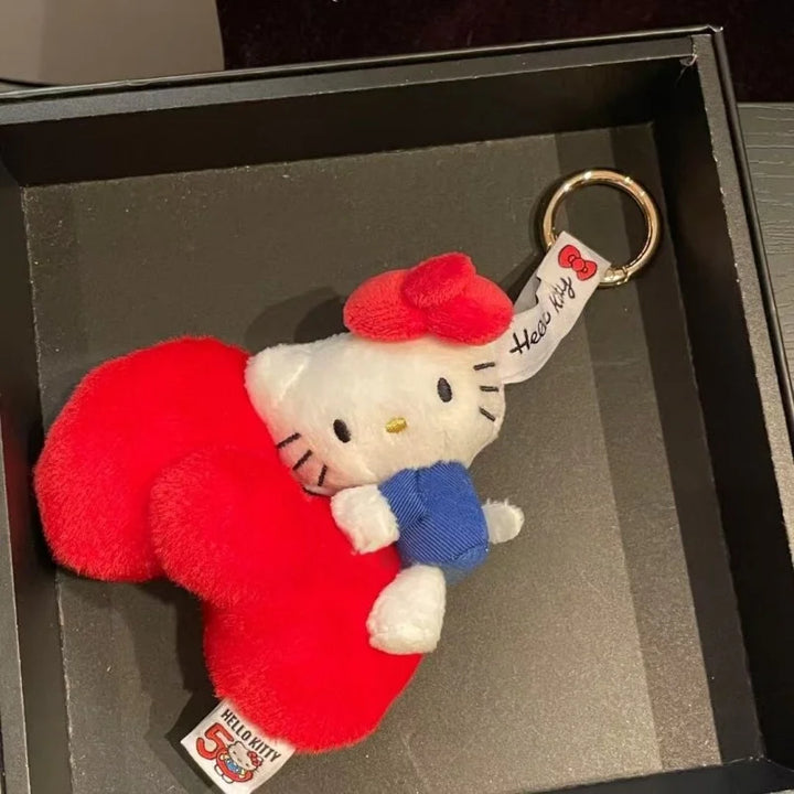 Kawaii Sanrio 50th Anniversary Plush Keychain Red Bow Cartoon Hello Kitty Pendant Keyring bowknot Backpack Decoration girl Gift