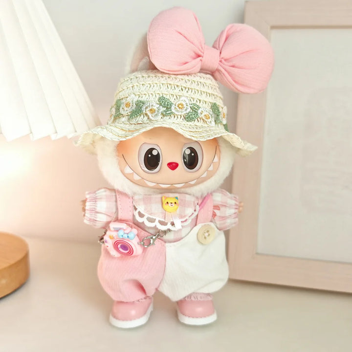 15cm/17cm Cute Mini Plush Doll Costume Dress Up Cute Sweetheart Strap Pants Accessories Straw Hat Camera Sitting Party DIY Gift