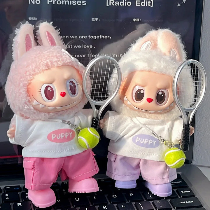 Labubu 1-3 Gen Outfits Purple/Pink T-Shirt Cargo Pants Set Tennis Bag Racket Purple Shoes/Headphones Labubu Doll Accessories