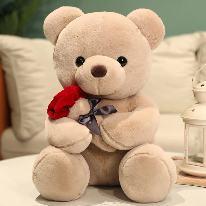 Kawaii Teddy Bear with Roses Plush Toy Soft Bear Stuffed Doll Romantic Gift for Lover Home Decor Valentine's Day Gifts for Girls