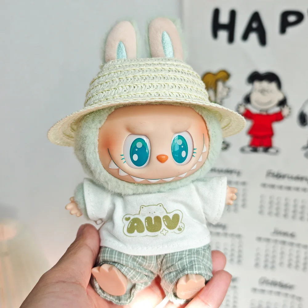 15cm/17cm Labubu Doll Clothing Sitting Party First And Second Generation Summer Straw Hat Short Sleeve Pants Set Accessories