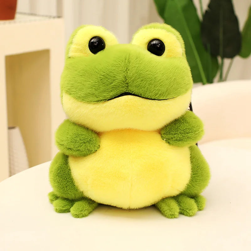Kawaii Green Frog Plush Toys Fluffy Lying Frog Stuffed Animal Black Eyes Big Mouth Smiling Chubby Frog Soft Dolls Fun Gifts