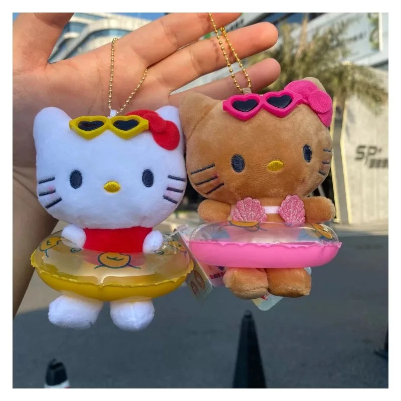 NEW Sanrio Hawaiian Surfboard Swimming Series Hello Kitty Plush Doll  Keychain Black skin Cartoon Toy Pendant Cute Birthday Gift