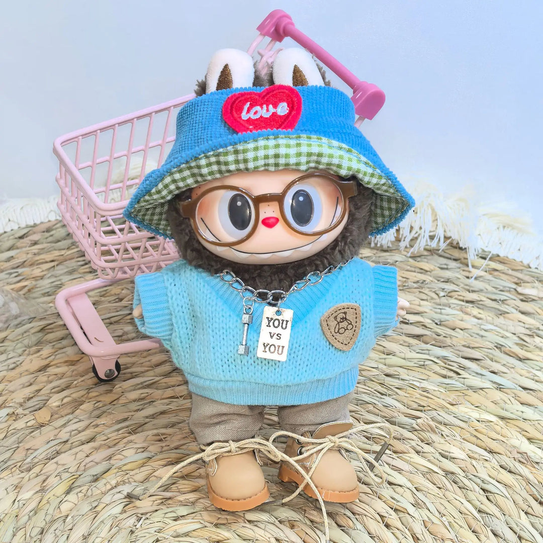 Labubu Doll Clothes Blue Outfit with Camera Hat Shoes Set 15/17cm Plush Doll'S Clothes Replacement Labubu I II Dolls Accessories