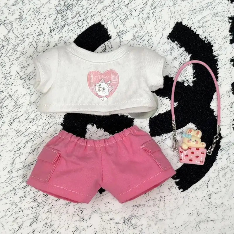 17cm Labubu 1-3 Gen Doll Outfits Cute White T-Shirt + Pink Cargo Pants + Headphones & Shoes Set Labubu Sitting Party Clothes