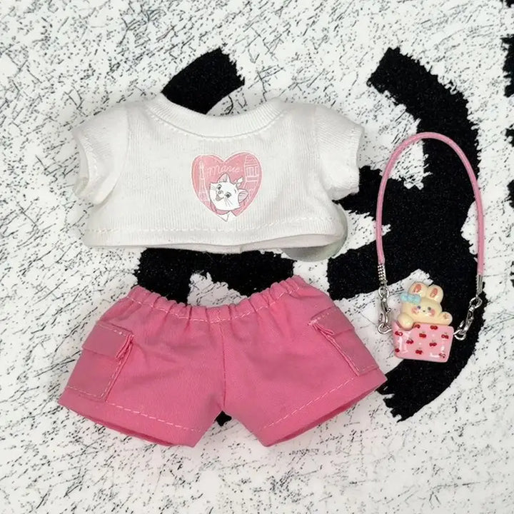 17cm Labubu 1-3 Gen Doll Outfits Cute White T-Shirt + Pink Cargo Pants + Headphones & Shoes Set Labubu Sitting Party Clothes
