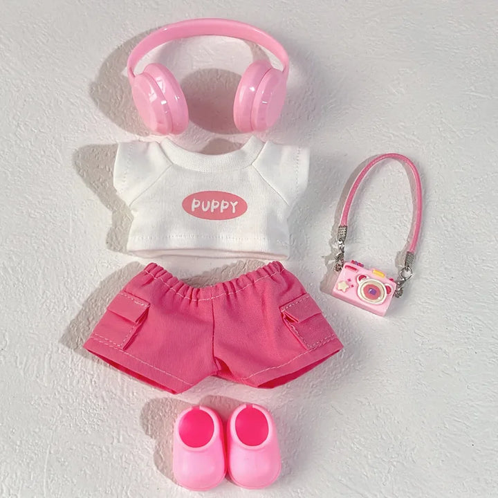 Labubu Clothes 1-3 Gen Vinyl Doll Sitting Party Outfits PU T-Shirt Cargo Pants Glasses Crossbody Bag Dopamine Fashion Set