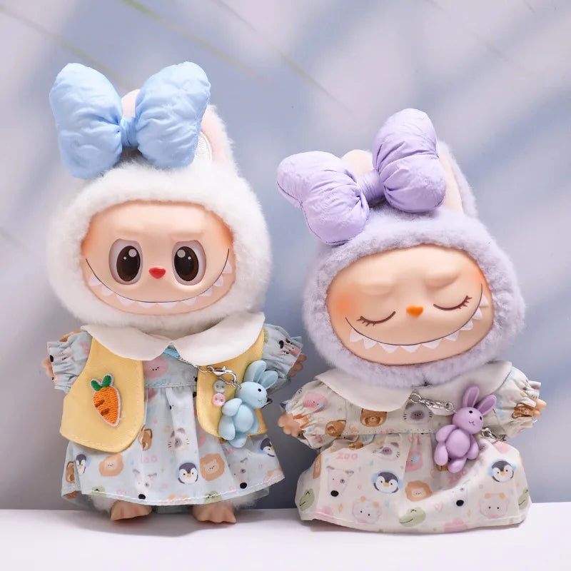 Labubu Doll Clothes Bow-Adorned Animal Print Dress Set with Rabbit Charm 17cm Plush Doll'S Clothes Labubu I II III Accessories