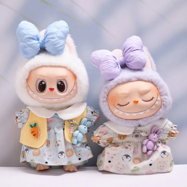 Labubu Doll Clothes Bow-Adorned Animal Print Dress Set with Rabbit Charm 17cm Plush Doll'S Clothes Labubu I II III Accessories