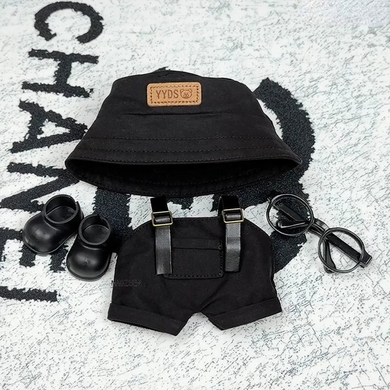 Labubu 1-3 Gen "High Energy Ahead" Outfit Set Open Black Hat + Leather Strap Overalls + Shoes Labubu 3.0 Doll Dress-Up Clothes