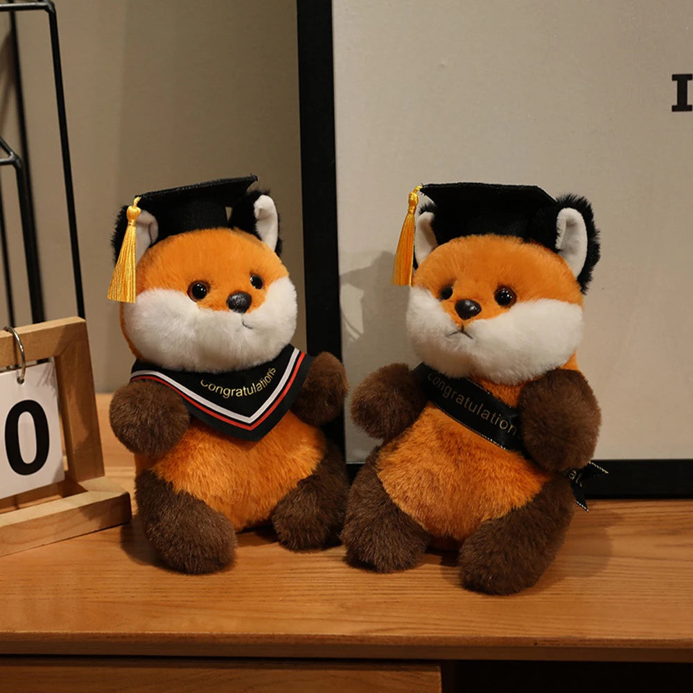 20cm Fluffy Fox Graduation Stuffed Animal Doctorate Bachelor Panda Plush Toys In Cap Gown Wearing Ribbons Souvenir Gifts Plushie