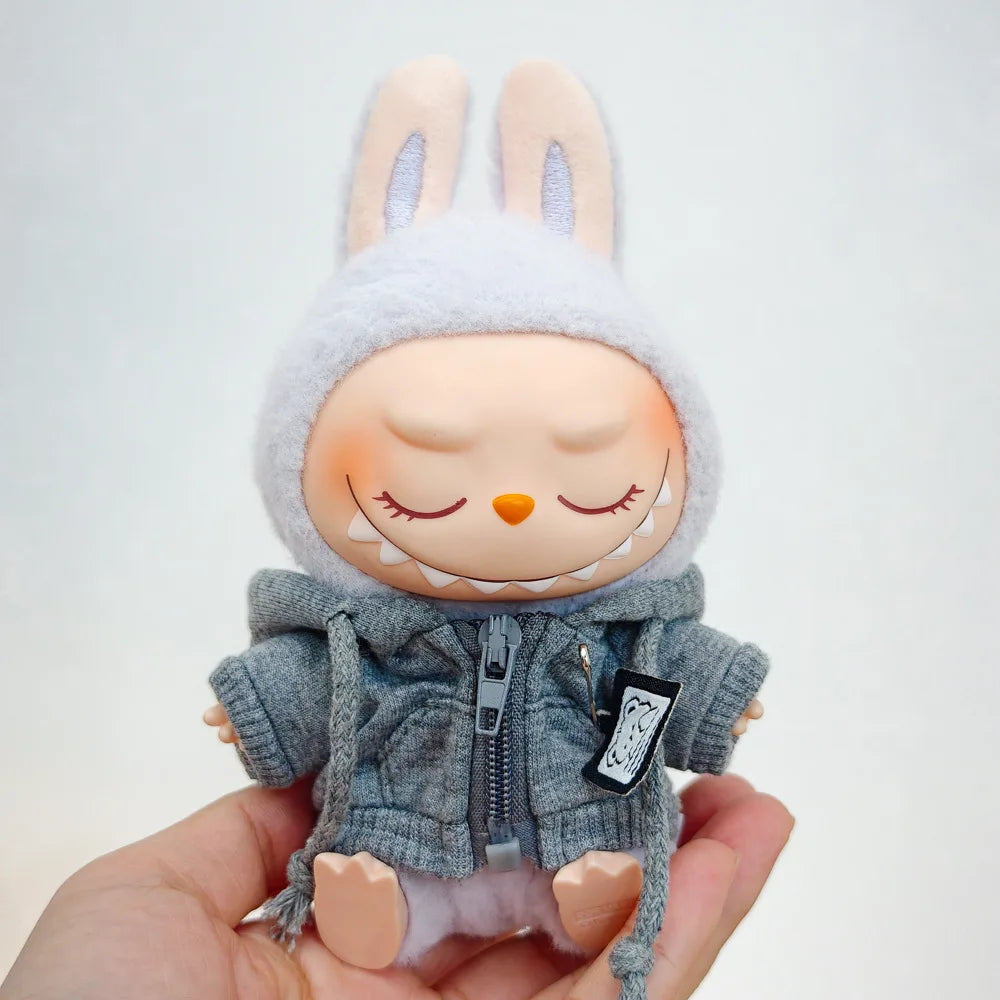 15/17cm Labubu Doll Clothes 1st/2nd/3rd Gen Fit Mr. Black Bear Hoodie Set with Headphone Plush Toy Outfits Halloween Decor