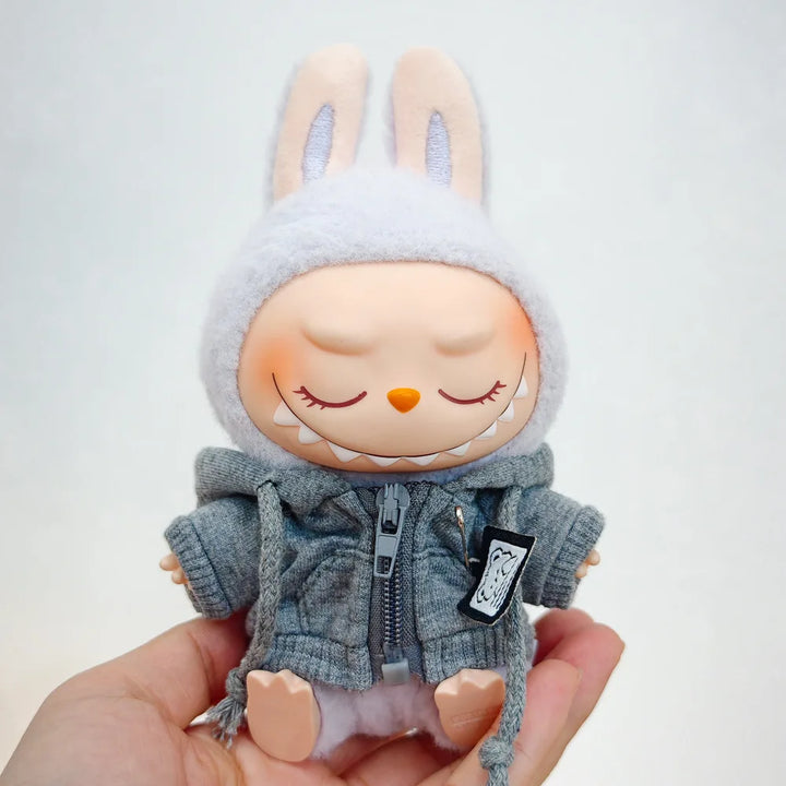 15/17cm Labubu Doll Clothes 1st/2nd/3rd Gen Fit Mr. Black Bear Hoodie Set with Headphone Plush Toy Outfits Halloween Decor