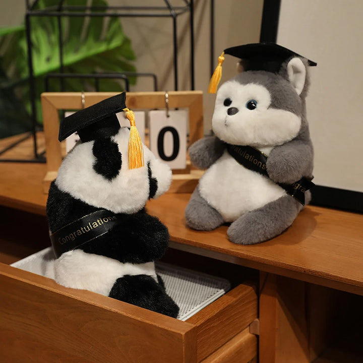 20cm Fluffy Fox Graduation Stuffed Animal Doctorate Bachelor Panda Plush Toys In Cap Gown Wearing Ribbons Souvenir Gifts Plushie