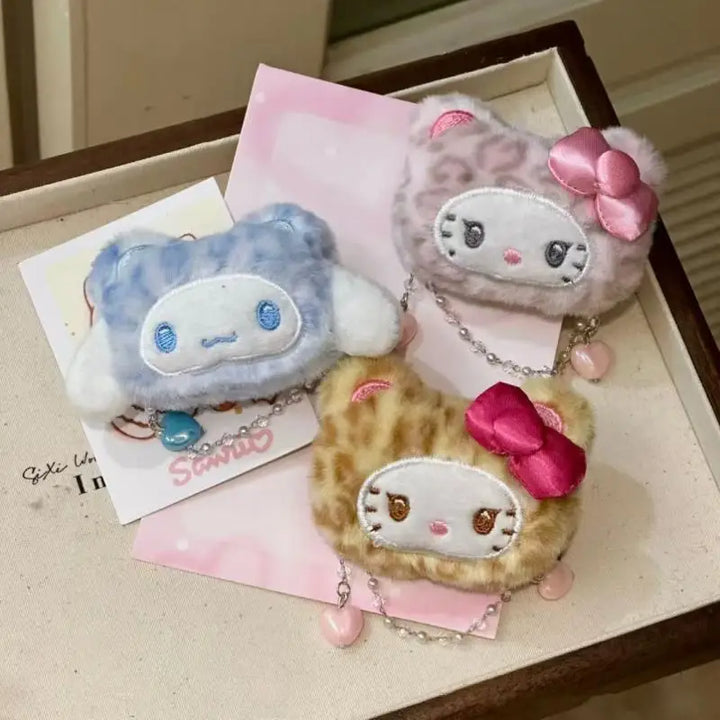 Sanrio Hello Kitty Cinnamoroll Leopard Print Plush Hairpin Cartoon Bangs Side Clip Kawaii Versatile Accessories Birthday Gifts