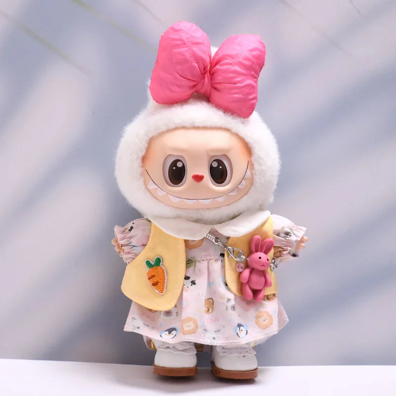 Labubu Doll Clothes Bow-Adorned Animal Print Dress Set with Rabbit Charm 17cm Plush Doll'S Clothes Labubu I II III Accessories