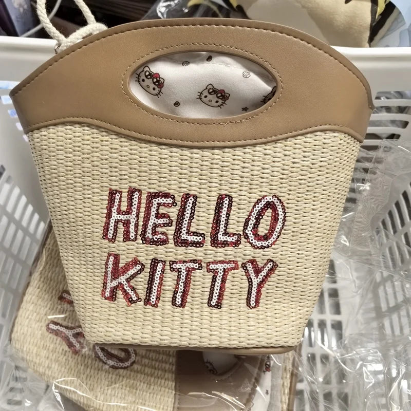 Genuine Hello Kitty Retro Series Woven Handbag Cosmetic Bag Storage Bag Cartoon Cute Large Capacity Messenger Bag Girls Gifts