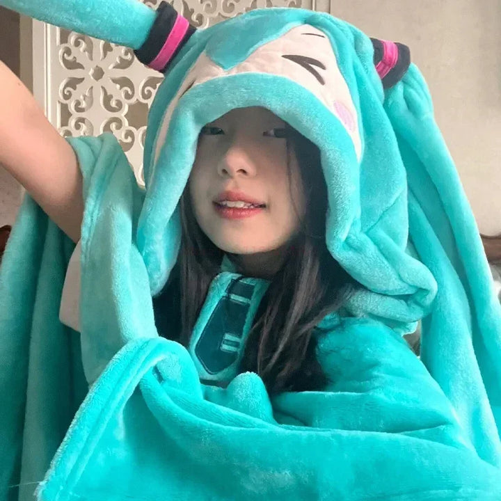 New Hatsune Miku Pajamas Cartoon Coral Velvet Pajamas Summer Winter Plush For Women Home Clothes Cloak Winter Kids Gift