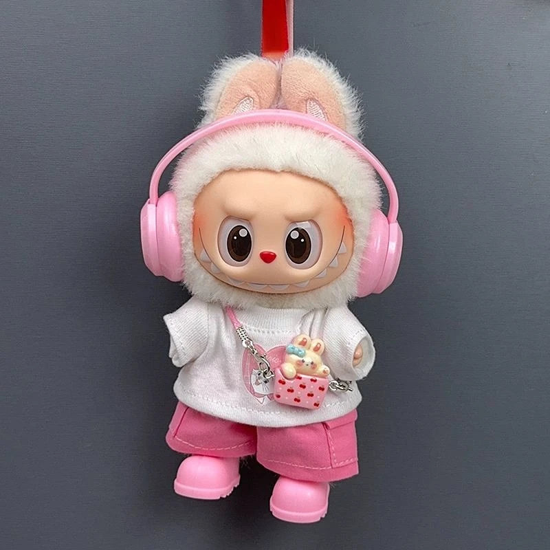 17cm Labubu 1-3 Gen Doll Outfits Cute White T-Shirt + Pink Cargo Pants + Headphones & Shoes Set Labubu Sitting Party Clothes