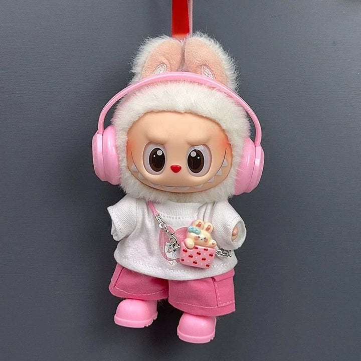 17cm Labubu 1-3 Gen Doll Outfits Cute White T-Shirt + Pink Cargo Pants + Headphones & Shoes Set Labubu Sitting Party Clothes